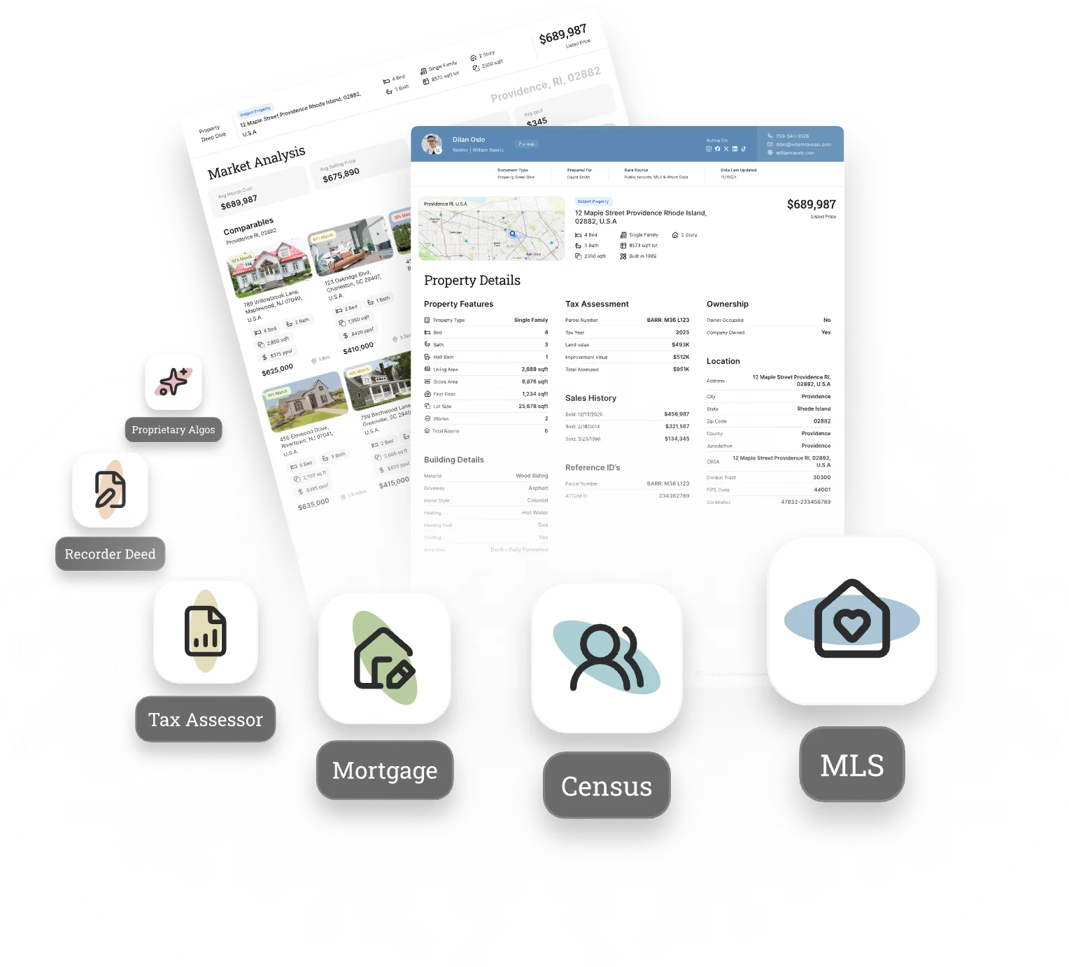 Branded CMA report pages built from trusted sources — MLS, Census, Mortgage, Tax Assessor, Recorder Deed, and proprietary algorithms