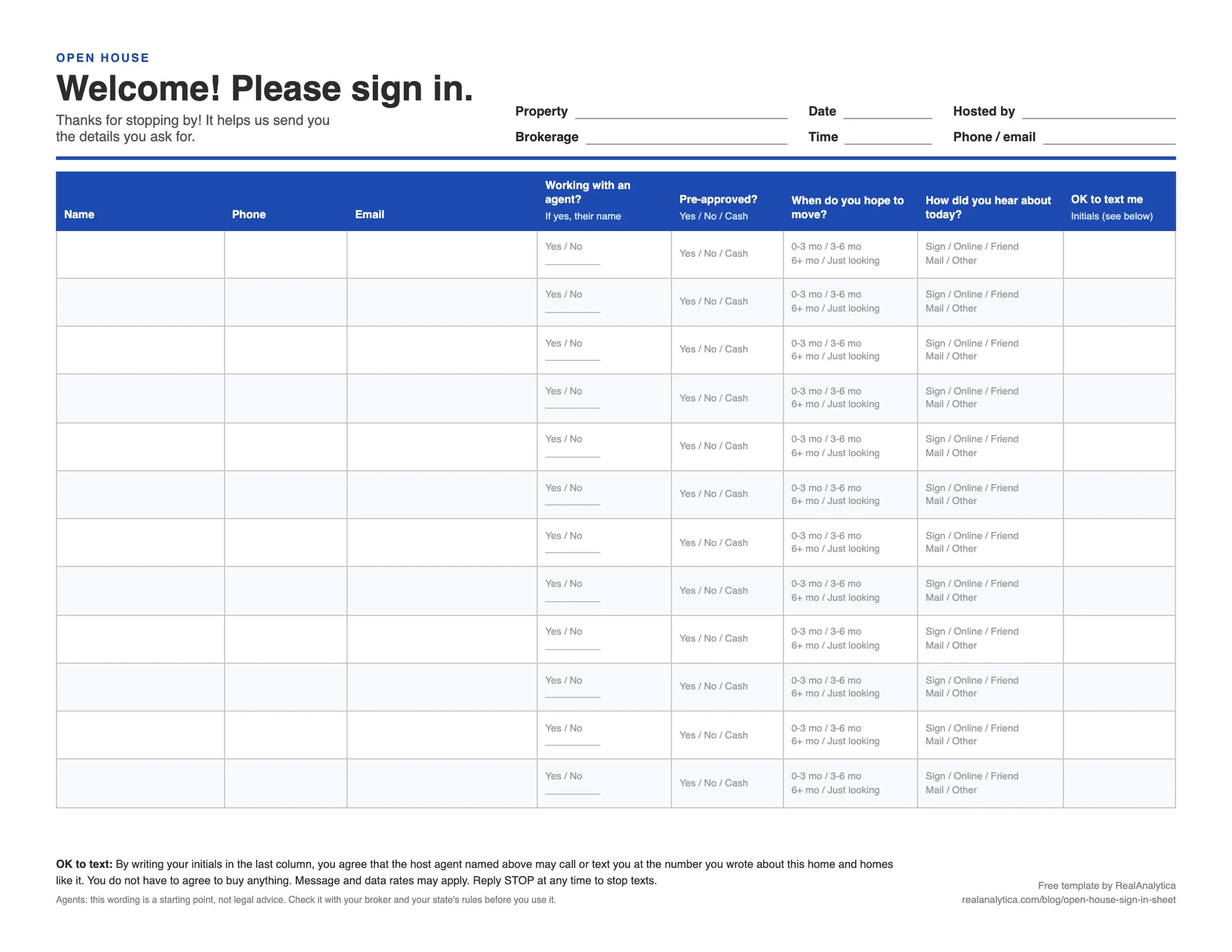 Open House Sign-In Sheet: Free Printable Template (PDF)
