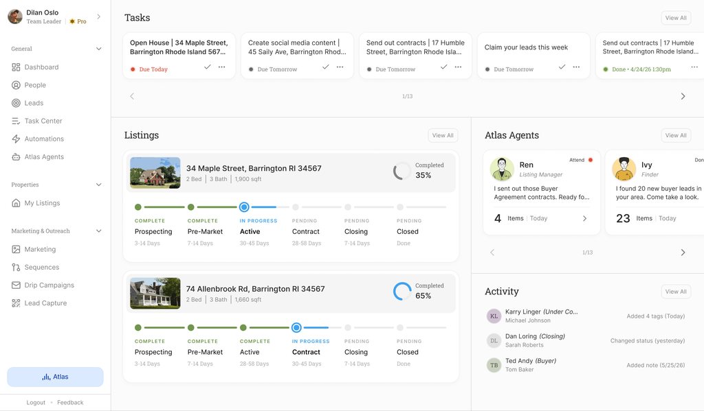RealAnalytica dashboard with tasks, listings, and Atlas Agents panels