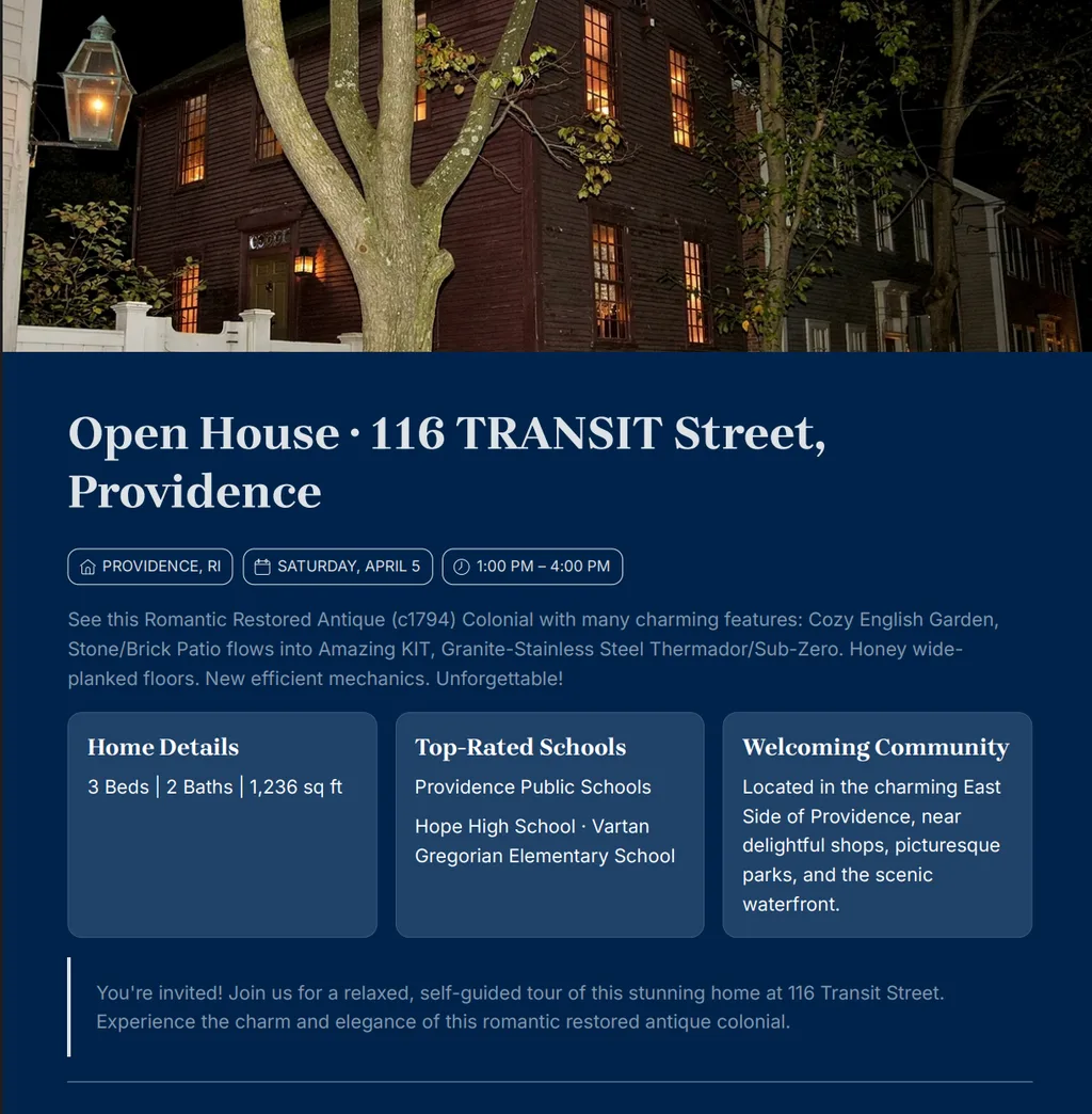 Example open house flyer for 116 TRANSIT Street, Providence — open house on Saturday April 5, 1pm to 4pm, with home details, schools, and community summary