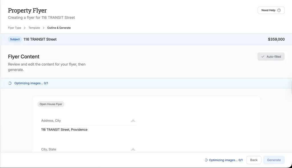 RealAnalytica flyer creation wizard — address, price, and flyer content auto-filled from the property record
