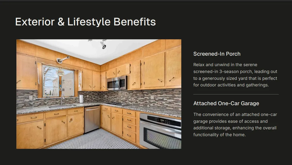 Listing presentation slide highlighting Exterior and Lifestyle Benefits: screened-in porch and attached one-car garage, with a kitchen photo