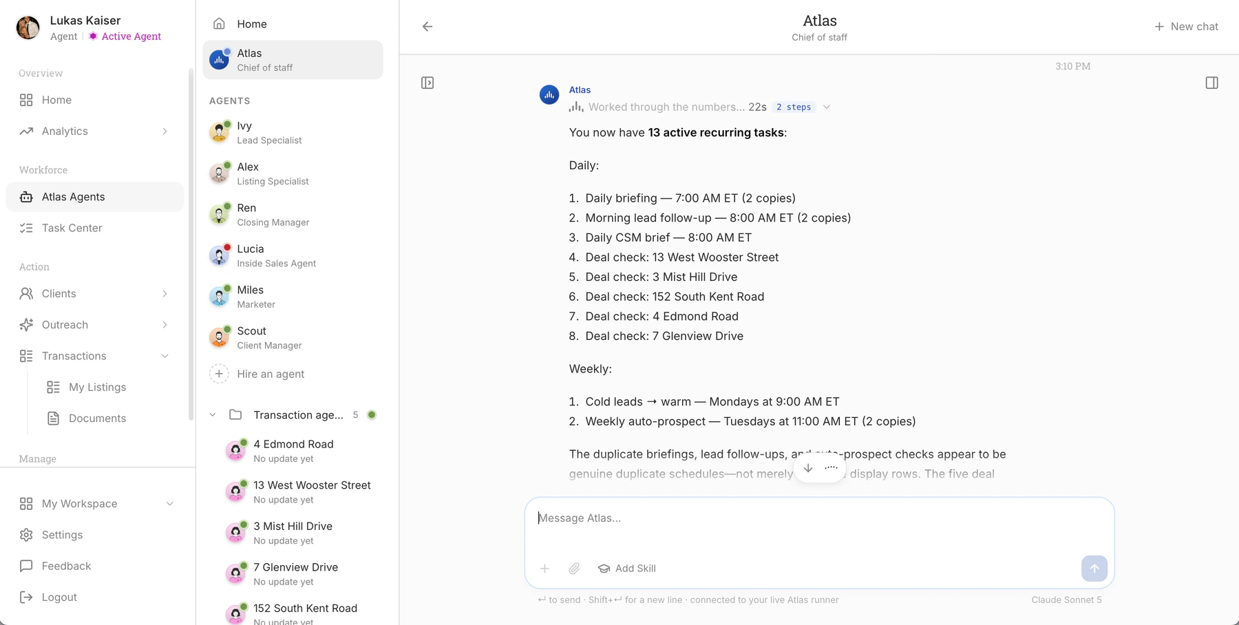 An Atlas chat listing the recurring tasks your agents run each day and week